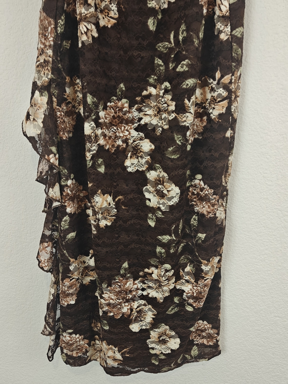 J for Justify Floral Lace Strapless Midi Dress Brown Romantic Ruffle Side Slit M - Picture 11 of 16